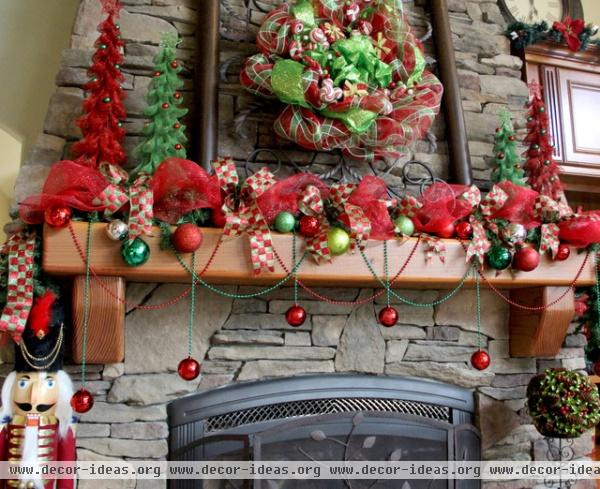 Family Room - Deco Mesh Christmas Wreath And Mantle - traditional - family room - seattle