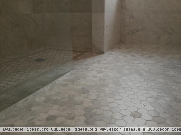 White Marble Curbless Shower - Vancouver West Side - traditional - bathroom - vancouver - by John Whipple