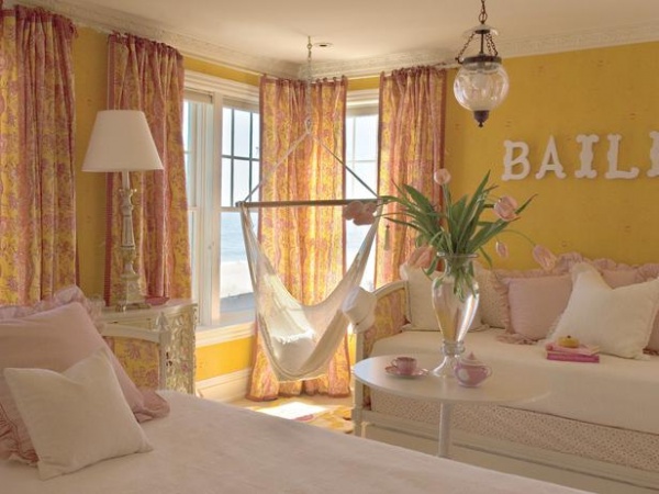 Kids' Room with Pink Bedding and Yellow Painted Walls : Designers' Portfolio