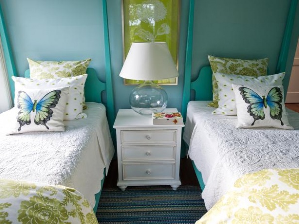Twin Beds with Butterfly Pillows and Striped Carpet : Designers' Portfolio