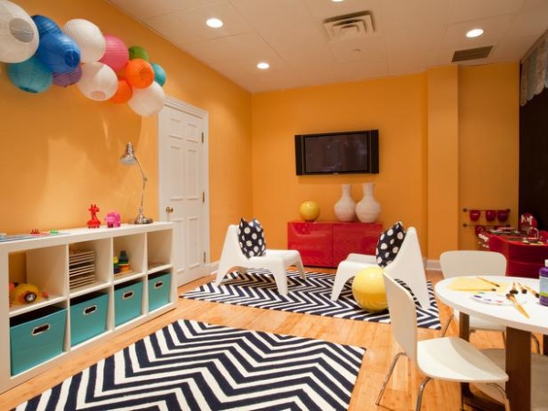 Orange Kids' Playroom with Chevron Rugs and Chalkboard : Designers' Portfolio