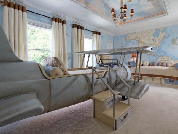 Children's Room with Map Murals, Airplane Bed & Steps : Designers' Portfolio