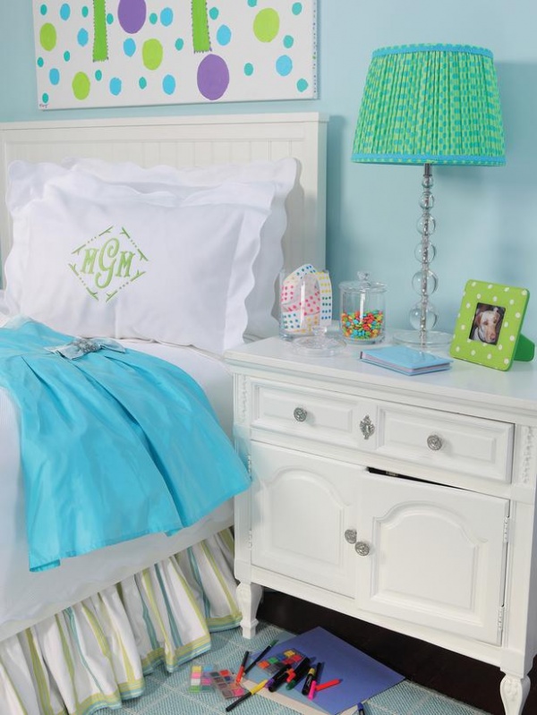 Girls Bedroom in Bright Blue With White Nightstand and Bed with White Bedding and Whimsical Lamp : Designers' Portfolio