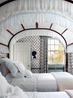 Child Room with Antique Canopied Bed in White with Red Floral Wallpaper and Matching Drapes : Designers' Portfolio