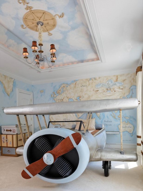 Children's Room with a Map Mural, Trunks & Airplane Bed : Designers' Portfolio