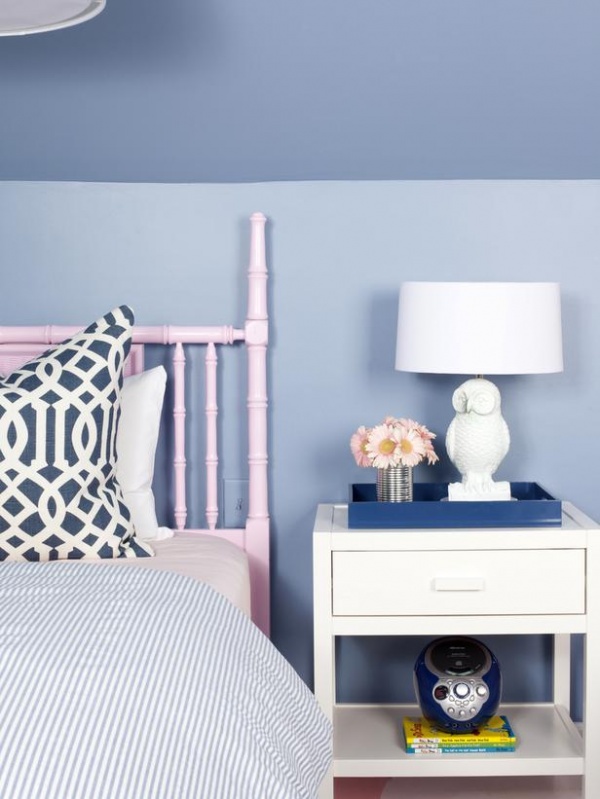 Girl's Room White Bedside Table with Owl Lamp Paired With Blue Walls and Pink Bamboo Headboard : Designers' Portfolio