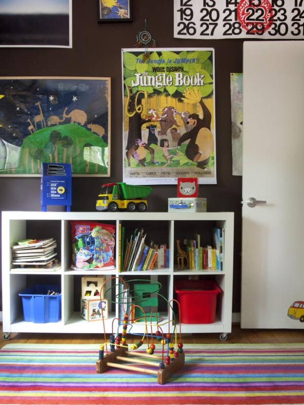 Kid's White Bookshelf With Posters & Colorful Striped Rug : Designers' Portfolio