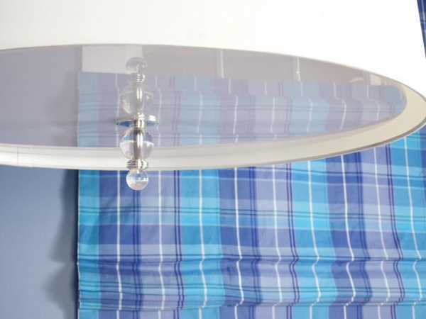 Oversized Drum Pendant Lamp Against Blue Plaid Roman Shade : Designers' Portfolio