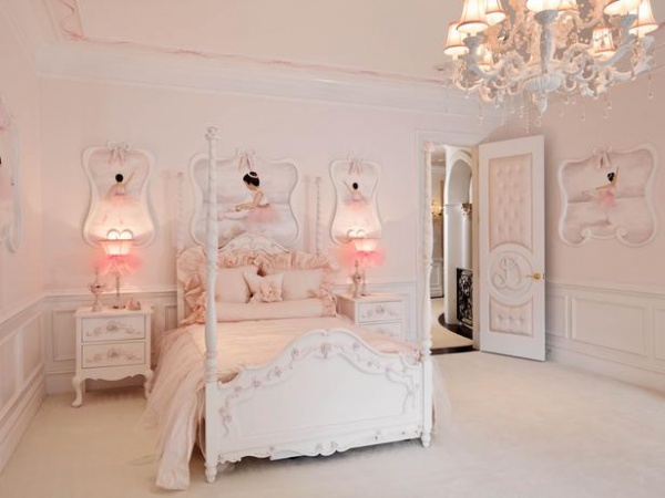 Pink Girl's Bedroom with White Poster Bed & Chandelier : Designers' Portfolio