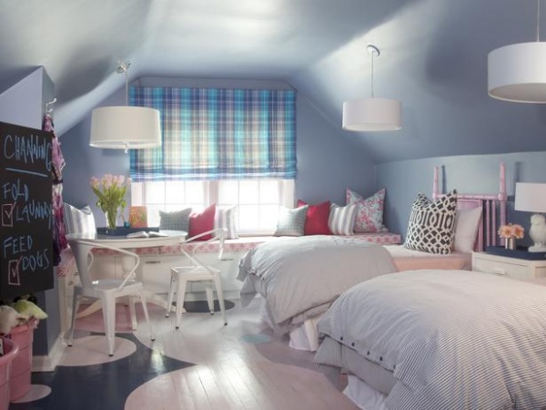 Kids' Attic Bedroom with Blue Walls and Plaid Curtains : Designers' Portfolio