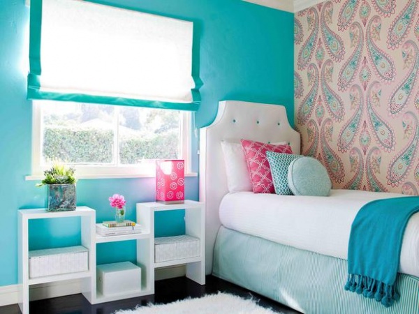 Pink Paisley Wallpaper and Blue Wall in Tween Bedroom : Designers' Portfolio