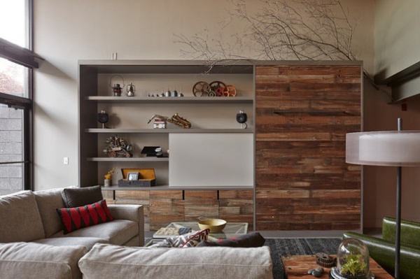 Industrial Family Room by lisa schmitz interior design